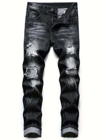 Regular Fit Black Distressed Denim Ripped Jeans For Men Tapered Leg Rip Jean