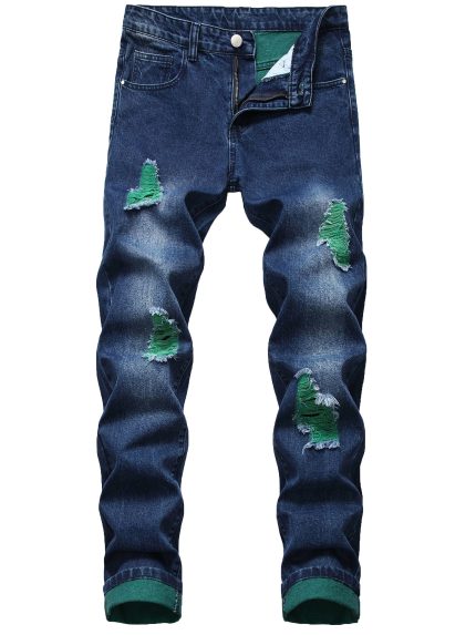 Straight tube men's fashion jeans Men's blue ripped straight tube slim fashion jeans