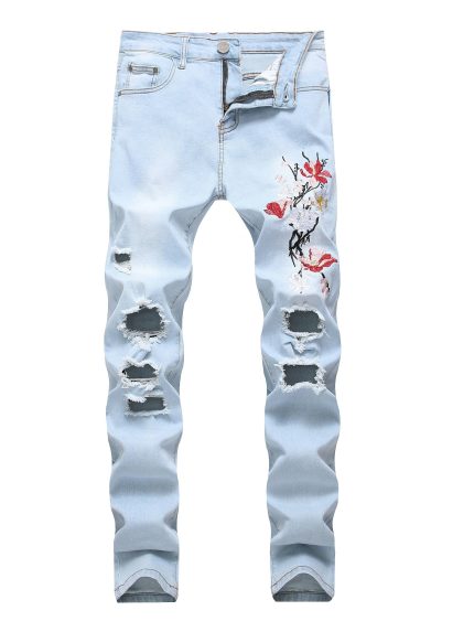 Men's Stretch Skinny Ripped Jeans, Light Blue Embroidered Retro Fashion Slim Fit Men's Jeans (1866)